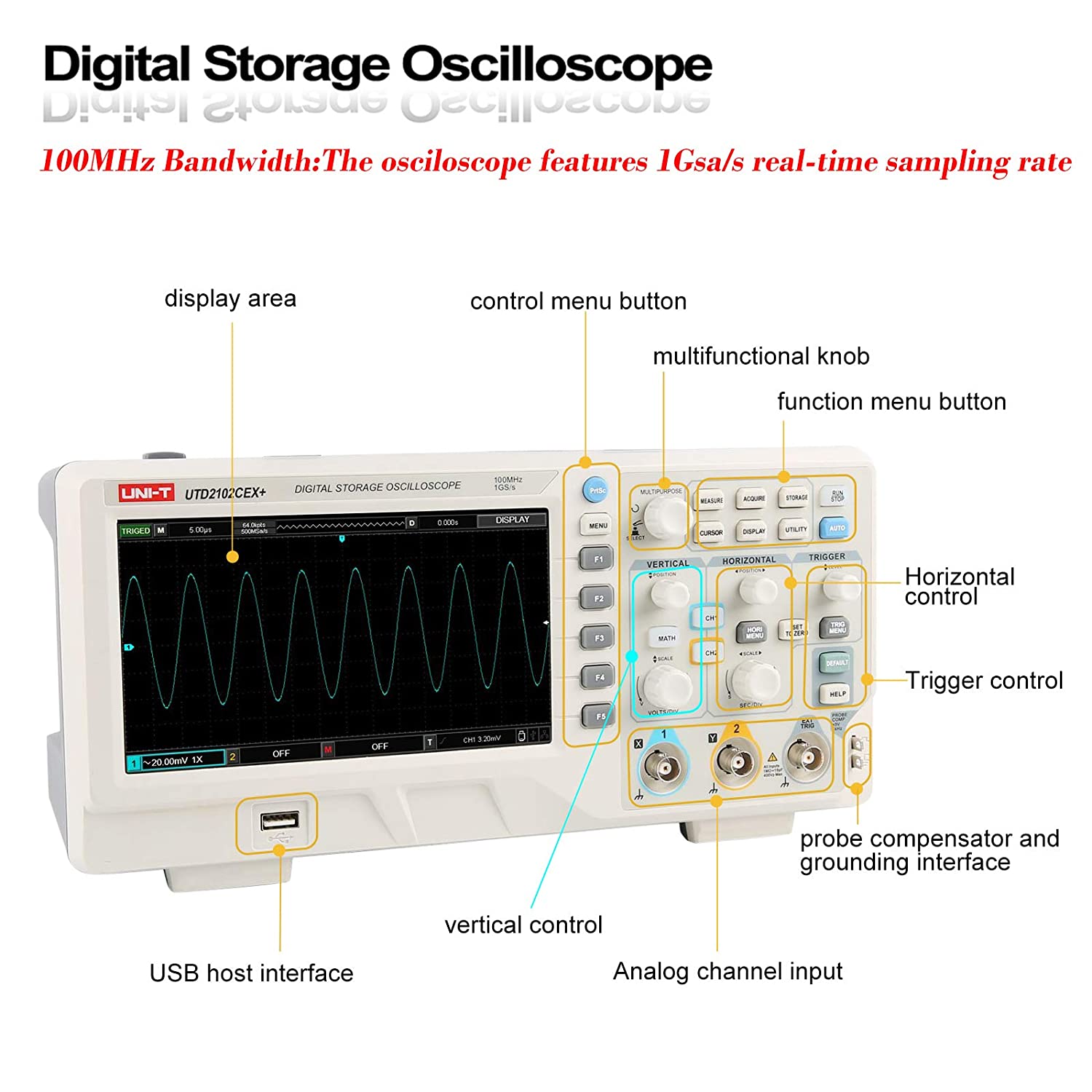 UTD2102CEX+ Hoge Precisie 100M - Digital Storage Oscilloscope 100Mhz recensie en prijs